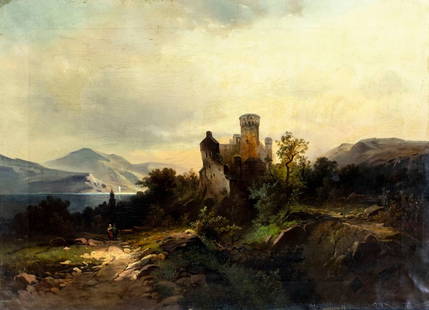 Antique 19C German oil painting: ARTIST: - (Germany, 19 century) TITLE: Castle Landscape MEDIUM: oil on canvas CONDITION: One small patch. Some damages to the lower edge of the canvas. Few minor scratches