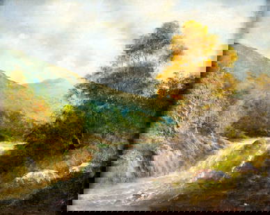 Antique early 20C American oil painting: ARTIST: - (American, early 20 century) TITLE: Waterfall Landscape MEDIUM: oil on canvas CONDITION: Two patches. Few minor paint losses. Some craquelure. Few scattered inpa