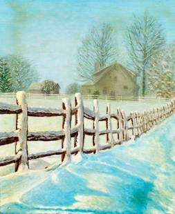 Denyse Barbet (US,20C) oil painting: ARTIST: Denyse Barbet (American, 20C) TITLE: Winter Country Landscape YEAR: 1986 MEDIUM: oil on canvas CONDITION: Few minor paint losses. Minor craquelur