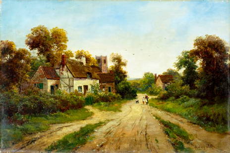 Sidney Watts (UK,fl 1890-1910) oil painting antique: ARTIST: Sidney Watts (United Kingdom, fl. 1890 - 1910) TITLE: Village Landscape MEDIUM: oil on canvas CONDITION: Some faint scratches mostly along edges. No visible inpain