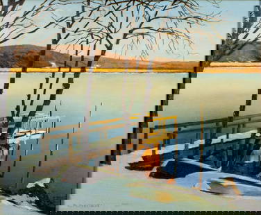 E A Nyren (US,20C) oil painting: ARTIST: E A Nyren (American, 20 century) TITLE: Snowy Winter Dock MEDIUM: oil on canvas board CONDITION: Some paint losses mostly by the left edge. Some craquelure. Some sc