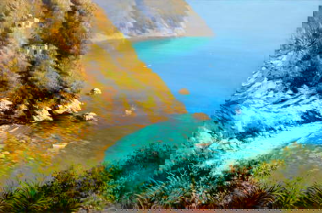 Carlo Cordua (Italy,b 1963) oil painting: ARTIST: Carlo Cordua (Italian, born 1963) TITLE: Coastal Landscape with Boats MEDIUM: oil on canvas CONDITION: Unstretched (In-House stretching available). Few minor scratch