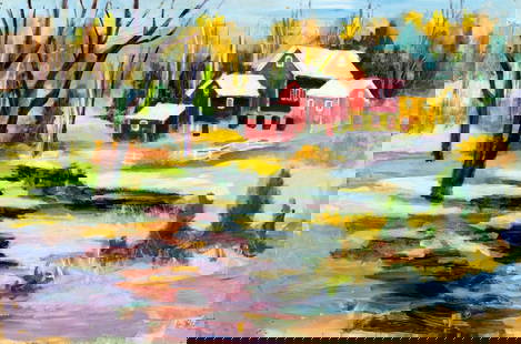 John Reilly (NY,NJ,1942-2021) oil painting: ARTIST: John Reilly (New York, New Jersey, 1942 - 2021) TITLE: Winter Country Landscape MEDIUM: oil on board CONDITION: Some nailholes along edges. Some small scratches/pa