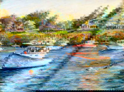 Tom W Sadler (FL,20/21C) oil painting: ARTIST: Tom W Sadler (Florida, 20/21 centuries) TITLE: Landscape - Boats of Makeral Cove, RI (titled on verso) YEAR: 2008 MEDIUM: oil on board CONDITION: