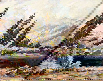 Irene Havick (CO,mid 20C) oil painting: ARTIST: Irene Havick (Colorado, mid 20 century) TITLE: Mountain Lake Landscape MEDIUM: oil on board CONDITION: Few minor paint losses. No visible inpaint under UV light. Wea