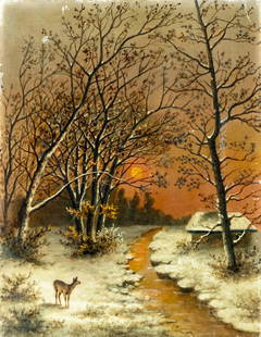 Antique 19C American oil painting: ARTIST: - (American, 19 century) TITLE: Winter Sunset Landscape with Deer MEDIUM: oil on canvas CONDITION: Some small scratches/paint losses. No visible inpaint under UV l