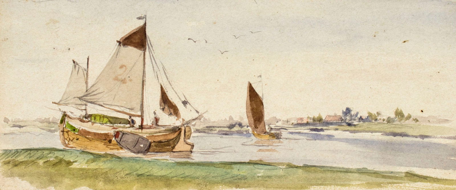 Adolf Kaufmann (Austria,1848-1916) watercolor painting antique: ARTIST: Adolf Kaufmann (Austrian, 1848-1916) NAME: River Landscape with Sail Boats MEDIUM: watercolor on paper CONDITION: Very good. Minor age toning. SIGHT SIZE: 4 x 9 1/2 inches / 10 x