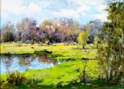Robert Waltsak (NJ,b 1944) oil painting: ARTIST: Robert Alan Waltsak (New Jersey, born 1944) TITLE: Landscape - Wet Lands (titled on verso) MEDIUM: oil on canvas CONDITION: One patch repaired tear with correspondin