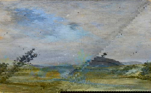 John Mansfield (MA,CT,1849-1933) oil painting antique: ARTIST: John Worthington Mansfield (Massachusetts, Connecticut, 1849 - 1933) TITLE: Landscape MEDIUM: oil on canvas CONDITION: Unmounted. Small scratches/paint losses. Som