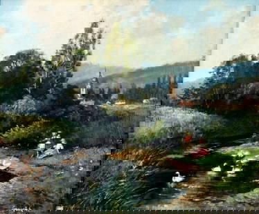 Antal Neogrady (Hungary,1861-1942) oil painting antique: ARTIST: Antal Neogrady (Hungarian, 1861 - 1942) TITLE: Village Landscape with Swan Pond MEDIUM: oil on canvas CONDITION: Few small paint losses. Some craquelure. No visibl