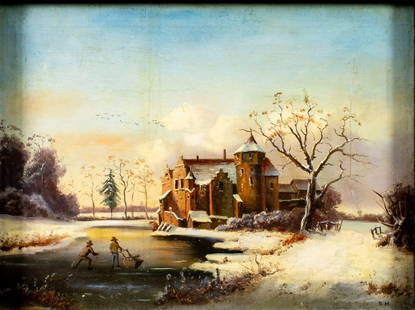 Antique 19C European oil painting: ARTIST: - (Europe, 19 century) TITLE: Winter Landscape with Mansion MEDIUM: oil on canvas CONDITION: Relined. Some repaired tears. Some paint losses (see pictures carefull