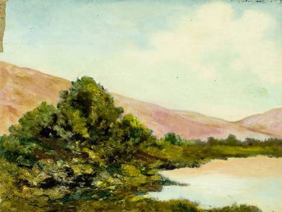 Antique early 20C American oil painting: ARTIST: - (American, early 20 century) TITLE: Hilly Landscape MEDIUM: oil on board CONDITION: Some paint losses mostly along the left edge. No visible inpaint under UV lig
