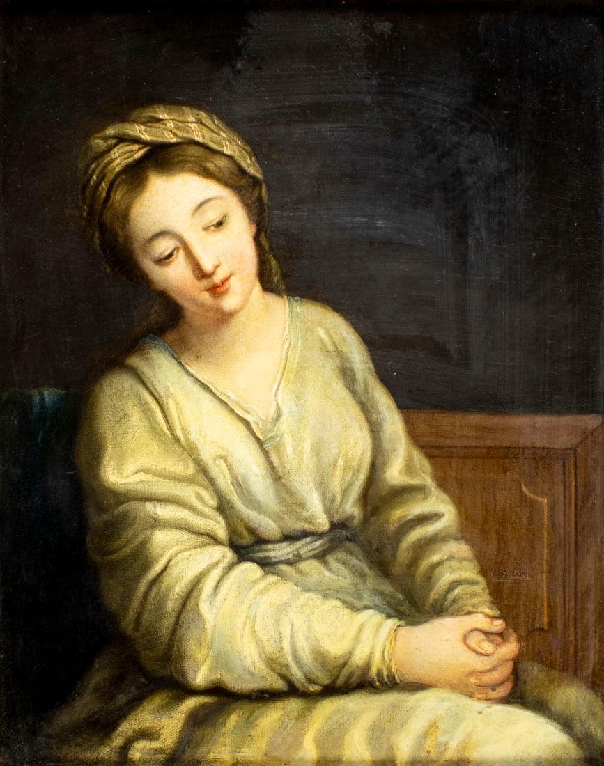 V Bandoni (Europe,19C) oil painting antique: ARTIST: V Bandoni (European, 19 century) TITLE: Meditation MEDIUM: oil on canvas CONDITION: Relined. Few very minor paint losses. Some craquelure. Some scattered inpaintings