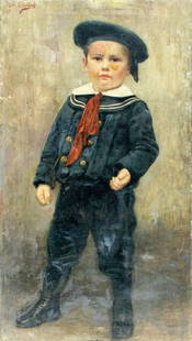 Josef Zenisek (Czech,1855-1944) oil painting antique: ARTIST: Josef Zenisek (Czech Republic, 1855 - 1944) TITLE: Portrait of Boy YEAR: 1907 MEDIUM: oil on canvas CONDITION: Two small patches. Two nail hole