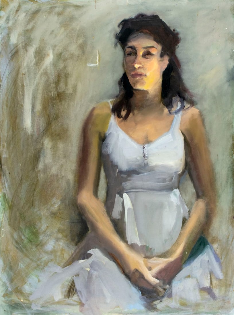 John Reilly (NY,NJ,1942-2021) oil painting: ARTIST: John Reilly (New York, New Jersey, 1942 - 2021) TITLE: Portrait of Woman in White Dress MEDIUM: oil on canvas CONDITION: One patch-repaired tear with corresponding