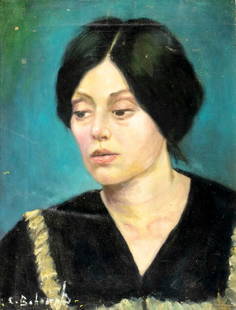 Charles Bohannah (NY,1910-1985) oil painting: ARTIST: Charles F Bohannah (New York, 1910 - 1985) TITLE: Portrait of Woman MEDIUM: oil on canvas CONDITION: Unstretched (In-House stretching available). Some small paint