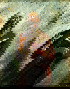 Antique early 20C American oil painting: ARTIST: - (American, early 20 century) TITLE: Portrait of Man with Book MEDIUM: oil on canvas CONDITION: Few small paint losses. Some craquelure. One minor inpainting in t