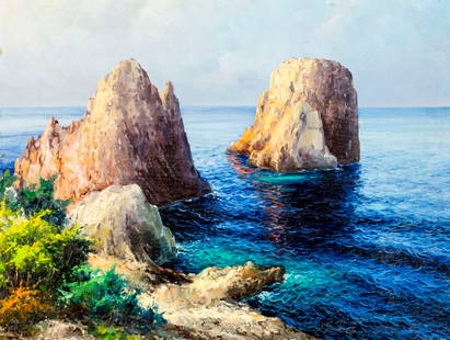 Nicola Costanzi (Italy,1893-1967) oil painting: ARTIST: Nicola Costanzi (Italian, 1893 - 1967) TITLE: Capri Seascape MEDIUM: oil on canvas. Canvas applied to board. CONDITION: Some damages to edges and corners. Some fai