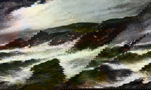Antique early 20C American oil painting: ARTIST: - (American, early 20 century) TITLE: Stormy Seascape with Fishing Boat MEDIUM: oil on canvas CONDITION: Few small paint losses. Few small scratches. Minor craquel