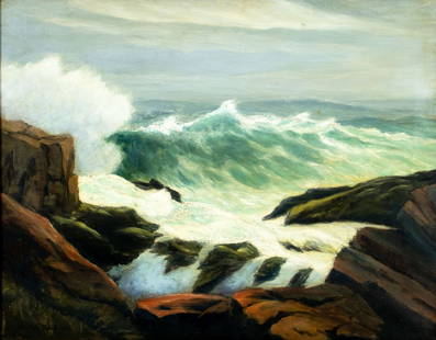 Walter Pendleton (NY,CT,1866-1942) oil painting antique: ARTIST: Walter Pendleton (New York, Connecticut, 1866 - 1942) TITLE: Seascape - Big Seas (titled on verso) MEDIUM: oil on canvas CONDITION: Few small scratches/paint losse