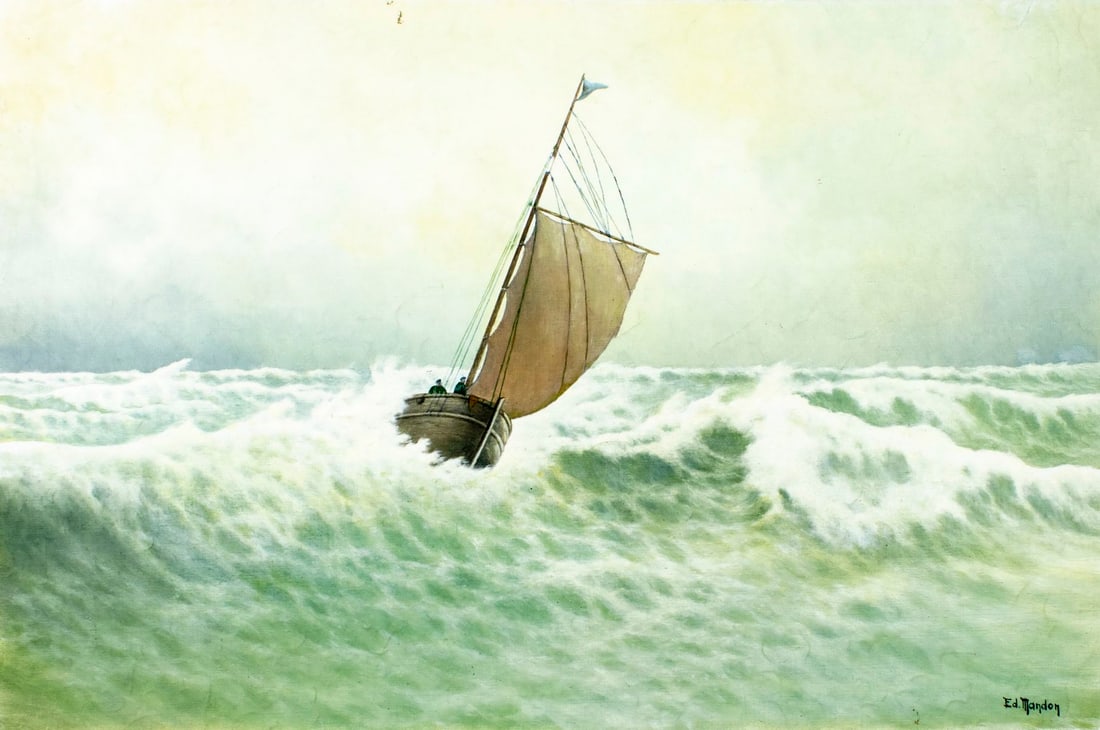 Edouard Mandon (France,1885-1977) oil painting: ARTIST: Edouard Mandon (French, 188 - 1977) TITLE: Stormy Landscape with Sailboat MEDIUM: oil on canvas CONDITION: Unstretched (In-House stretching available). Some paint