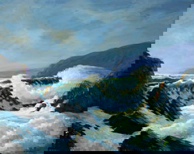 George Holloway (NJ,20C) oil painting: ARTIST: George Holloway (New Jersey, 20 century) TITLE: Stormy Seascape MEDIUM: oil on canvas CONDITION: Some small paint losses mostly along left edge. Minor craquelure. No