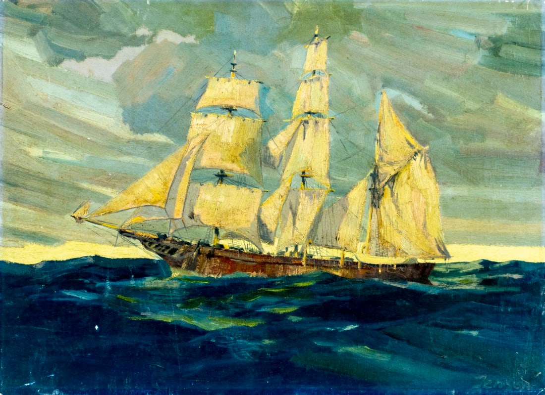 Jensen (Europe,early 20C) oil painting antique: ARTIST: Jensen (European, early 20 century) TITLE: Sail Ship MEDIUM: oil on canvas. Canvas applied to board. CONDITION: Few scratches/paint losses mostly in the lower left