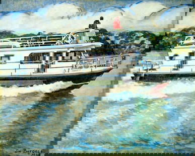 Jim Burgess (US,mid 20C) oil painting: ARTIST: Jim Burgess (American, mid 20 century) TITLE: Boat Ride YEAR: 1965 MEDIUM: oil on canvas CONDITION: Some scratches/paint losses mostly in the low