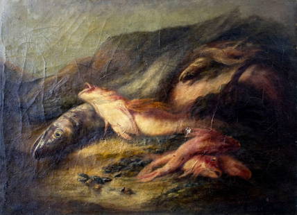 E de Metz (France,19C) oil painting antique: ARTIST: E de Metz (French, 19 century) TITLE: Still Life with Fish MEDIUM: oil on canvas CONDITION: Relined. Some paint losses. Some craquelure. Some scattered inpaintings.