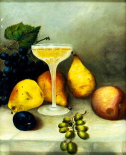 Antique 19C American oil painting: ARTIST: - (American, 19 century) TITLE: Still Life with Glass and Fruit MEDIUM: oil on canvas CONDITION: Relined. Few small scratches/paint losses along edges. Minor craqu