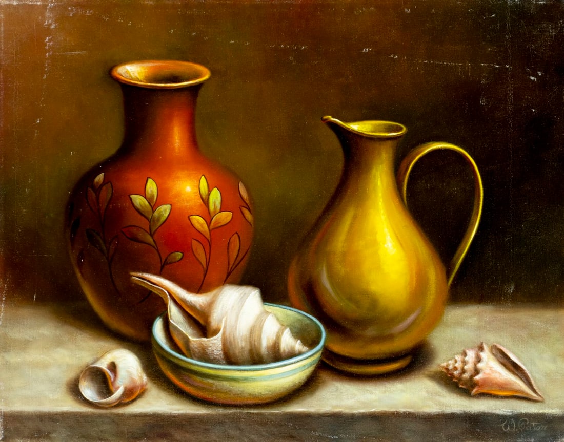 W Pater (US,20C) oil painting: ARTIST: W Pater (American, 20 century) TITLE: Still Life with Jug, Vase and Shells MEDIUM: oil on canvas CONDITION: Some scratches/paint losses. No visible inpaint under UV
