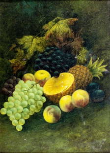 Preston (Europe,19C) oil painting antique: ARTIST: Preston (European, 19 century) TITLE: Still Life with Fruit MEDIUM: oil on canvas CONDITION: Some small paint losses. Minor craquelure. Some scattered small inpaint