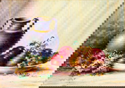 Vintage 20C European oil painting signed: ARTIST: - (Europe, 20 century) TITLE: Still Life with Vase and Fruit Plate MEDIUM: oil on canvas CONDITION: Some small scratches/paint losses. Minor craquelure. No visible