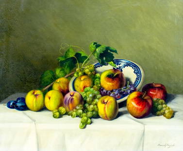 Romek Arpad (Hungary,1883-1960) oil painting: ARTIST: Romek Arpad (Hungarian, 1883 - 1960) TITLE: Still Life with Fruits MEDIUM: oil on canvas CONDITION: Some craquelure. No visible inpaint under UV light.