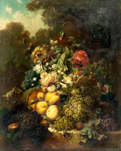 Reinhard (German,19C) oil painting antique: ARTIST: Reinhard (Germany, 19 century) TITLE: Still Life with Flowers and Fruits MEDIUM: oil on canvas CONDITION: One repaired tear. Few minor paint losses. Some craquelure.