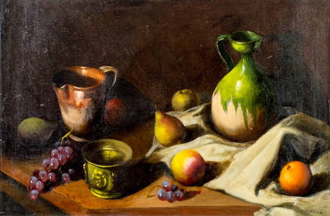 Antola (Europe,20C) oil painting: ARTIST: Antola (European, 20 century) TITLE: Still Life with Fruit and Jugs MEDIUM: oil on canvas CONDITION: Unstretched (In-House stretching available). Some small scratche