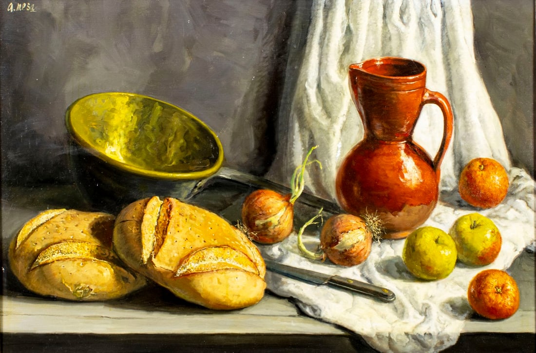 Antonio Mesa (Spain,1941-?) oil painting: ARTIST: Antonio Mesa (Spanish, 1941 - ???) TITLE: Still Life with Bread and Jug MEDIUM: oil on canvas CONDITION: Some paint losses (see pictures carefully). No visible inp