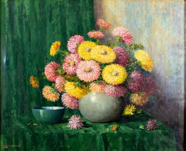 Leonard Woodruff (OK,CA,KS,1880-1965) oil painting: ARTIST: George M Leonard Woodruff (Oklahoma, California, Kansas, 1880 - 1965) TITLE: Still Life with Vase of Flowers MEDIUM: oil on canvas CONDITION: One patch-repaired te
