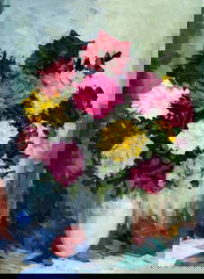 V Dorsele (Europe,20C) oil painting: ARTIST: V Dorsele (European, 20 century) TITLE: Still Life with Vase of Roses MEDIUM: oil on canvas CONDITION: Unstretched (In-House stretching available). Minor paint loss