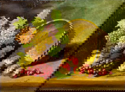 Marcin (France,early 20C) oil painting antique: ARTIST: Marcin (French, early 20 century) TITLE: Still Life with Fruit MEDIUM: oil on canvas CONDITION: Two patches. Some small scratches/paint losses. Some craquelure. Some