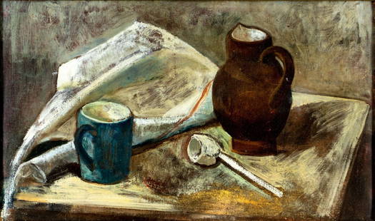 Antique 19C French oil painting: ARTIST: - (France, 19 century) TITLE: Still Life with Jug and Cup MEDIUM: oil on canvas CONDITION: Relined. Some small scratches/paint losses mostly along edges. Some sca