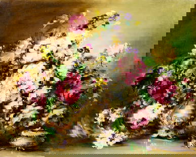 K Kassai (Europe,20C) oil painting: ARTIST: K Kassai (European, 20 century) TITLE: Still Life with Vase of Flowers MEDIUM: oil on canvas CONDITION: Unstretched (In-House stretching available). Few minor scratc