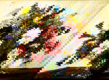 Antique early 20C American oil painting signed: ARTIST: - (American, early 20 century) TITLE: Still Life with Vase of Flowers MEDIUM: oil on canvas CONDITION: One patch. Missing a few flakes of paint. Few small inpainti