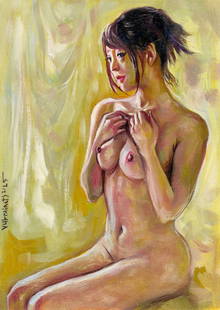 Valentin Ukrainets (Ukraine,b 1965) oil painting: ARTIST: Valentin Ukrainets (Ukrainian, born 1965) TITLE: Nude - Oriental Girl Sitting Against a Yellow Background (titled on verso) MEDIUM: oil on canvas CONDITION: Unstretc