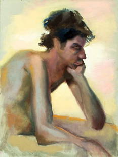 John Reilly (NY,NJ,1942-2021) oil painting: ARTIST: John Reilly (New York, New Jersey, 1942 - 2021) TITLE: Seated Male Nude MEDIUM: oil on canvas CONDITION: Some scratches/paint losses mostly in the lower left quad