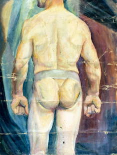 Marion Butler Ewald (MD,CT,1910-1944) oil painting antique: ARTIST: Marion Butler Ewald (Maryland, Connecticut, 1910 - 1944) TITLE: Male Nude MEDIUM: oil on canvas CONDITION: Some scratches/paint losses. Some craquelure. No visible