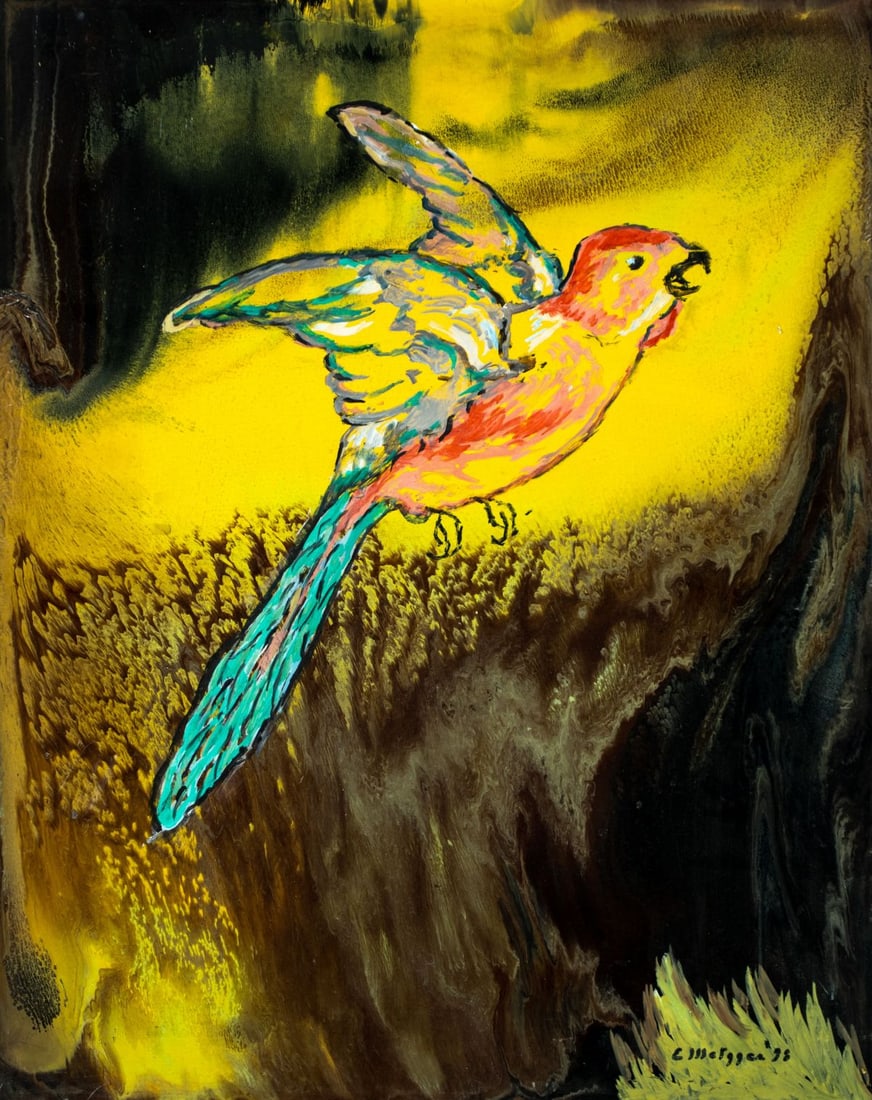 Evelyn Metzger (NY,Brazil,1911-2007) oil painting: ARTIST: Evelyn Borchard Metzger (New York, Brazilian, 1911 - 2007) TITLE: Flying Parrot YEAR: 1998 MEDIUM: oil on board CONDITION: Minor damage to the