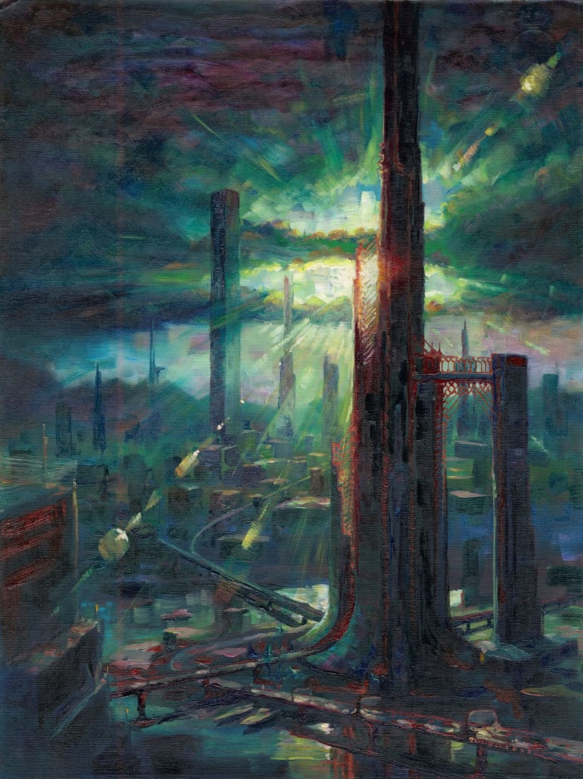 Vitalii Paroviy (Ukraine,b 1986) oil painting: ARTIST: Vitalii Paroviy (Ukrainian, born 1986) TITLE: Futuristic Cityscape MEDIUM: oil on heavy paper CONDITION: Minor damages to the upper corners. No visible inpaint under