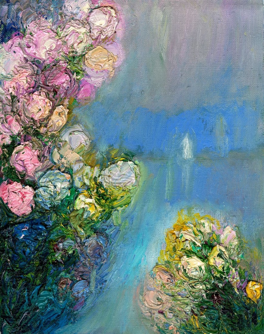 Yolanda Razzeto (Peru,1948-?) oil painting: ARTIST: Yolanda Razzeto (Peruvian, 1948 - ???) TITLE: Lake Landscape with Flowers MEDIUM: oil on canvas CONDITION: Unstretched (In-House stretching available). Some paint