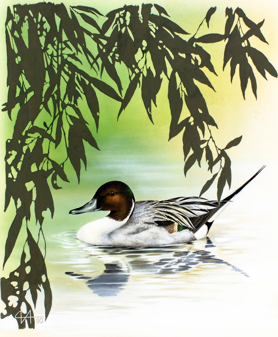 Alexei Isakov (Russia,20C) gouache painting: ARTIST: Alexei Isakov (Russian, 20 century) TITLE: Pintail Duck, Belgium (titled on verso) YEAR: 1990 MEDIUM: gouache on paper. Paper applied to board. CONDITION: